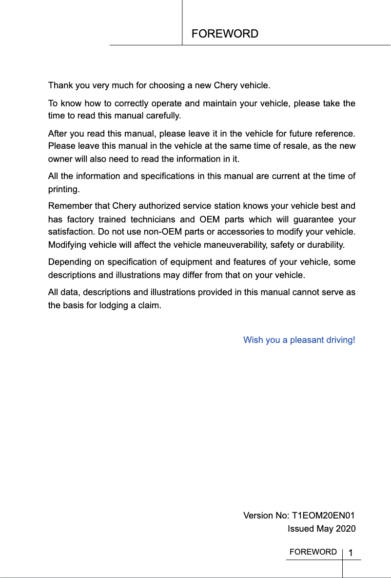 Image de la première page du manuel de l'appareil Tiggo 7 Pro