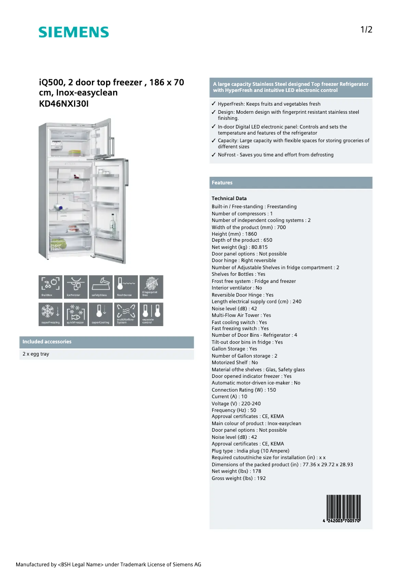 Page 1 de la notice Fiche technique Siemens KD46NXI30I