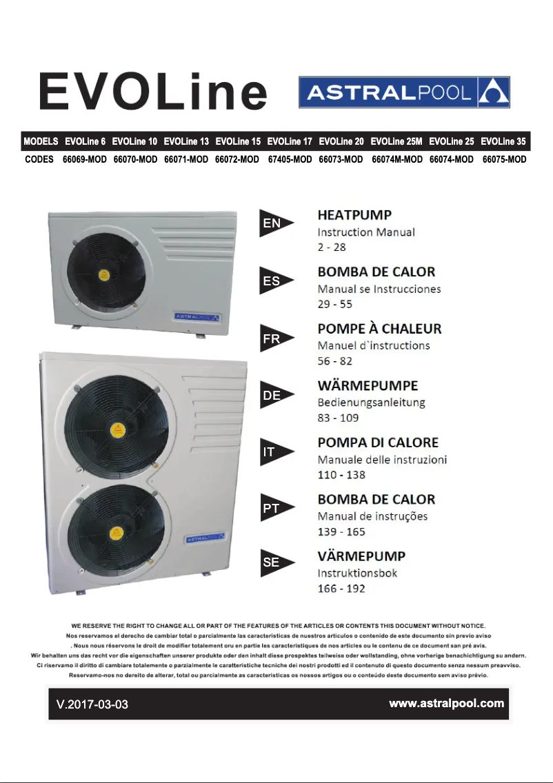 Page 1 de la notice Manuel utilisateur AstralPool EvoLine