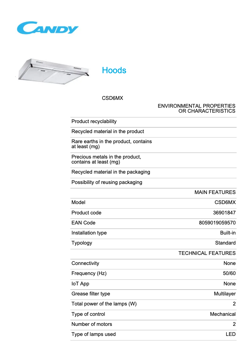 Page 1 de la notice Fiche technique Candy CSD6MX