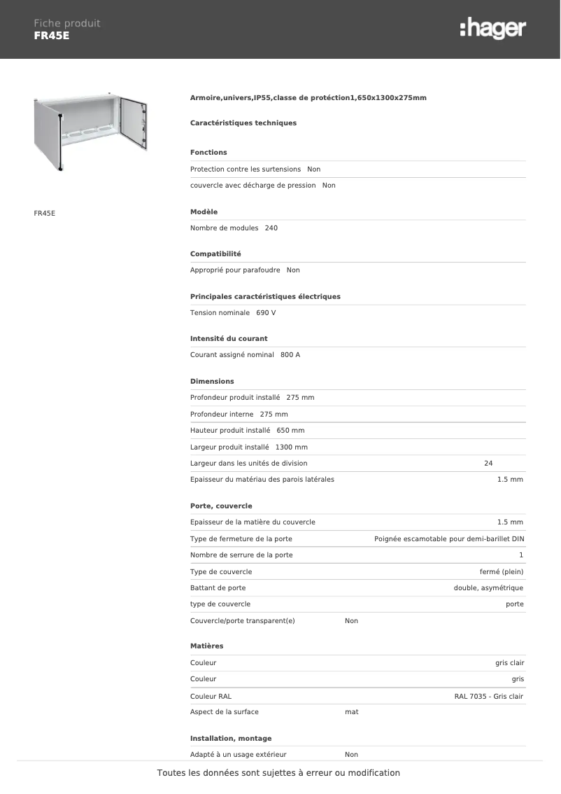 Page n°1 - Fiche technique Hager FR45E