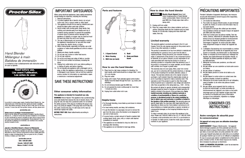 Page 1 de la notice Manuel utilisateur Proctor Silex 59738