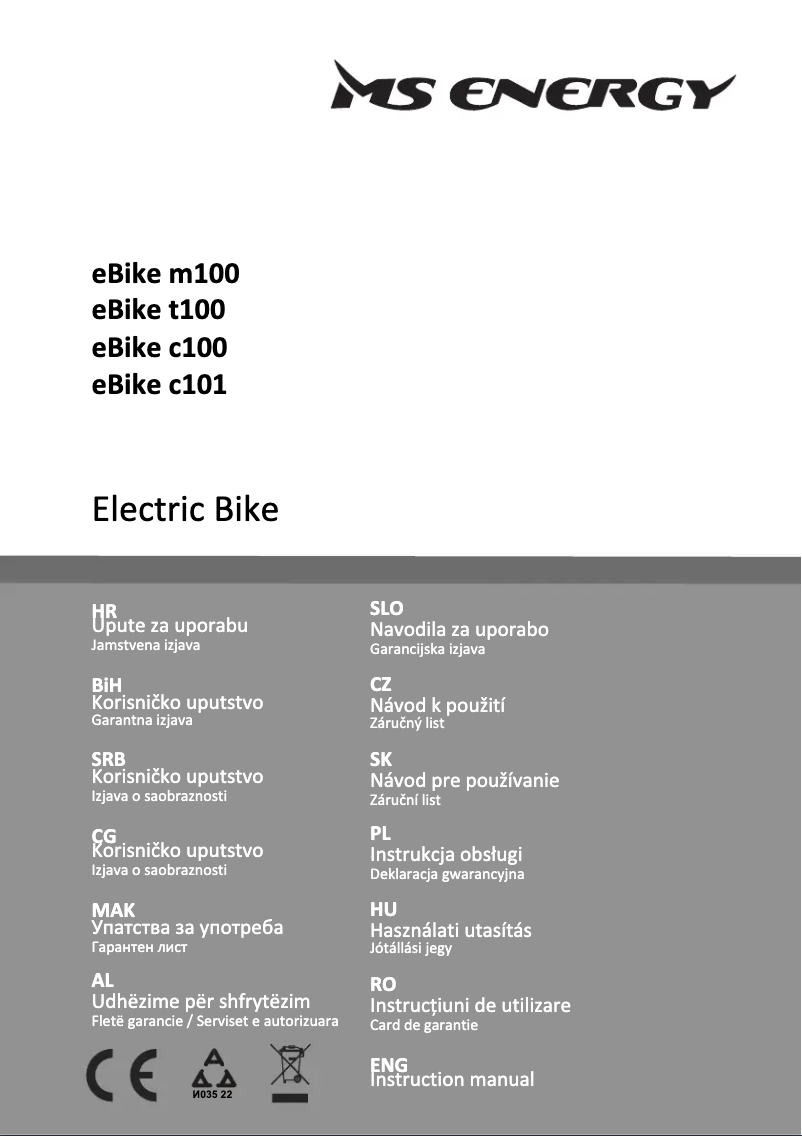Page 1 of the manual User Manual MS Energy eBike t100