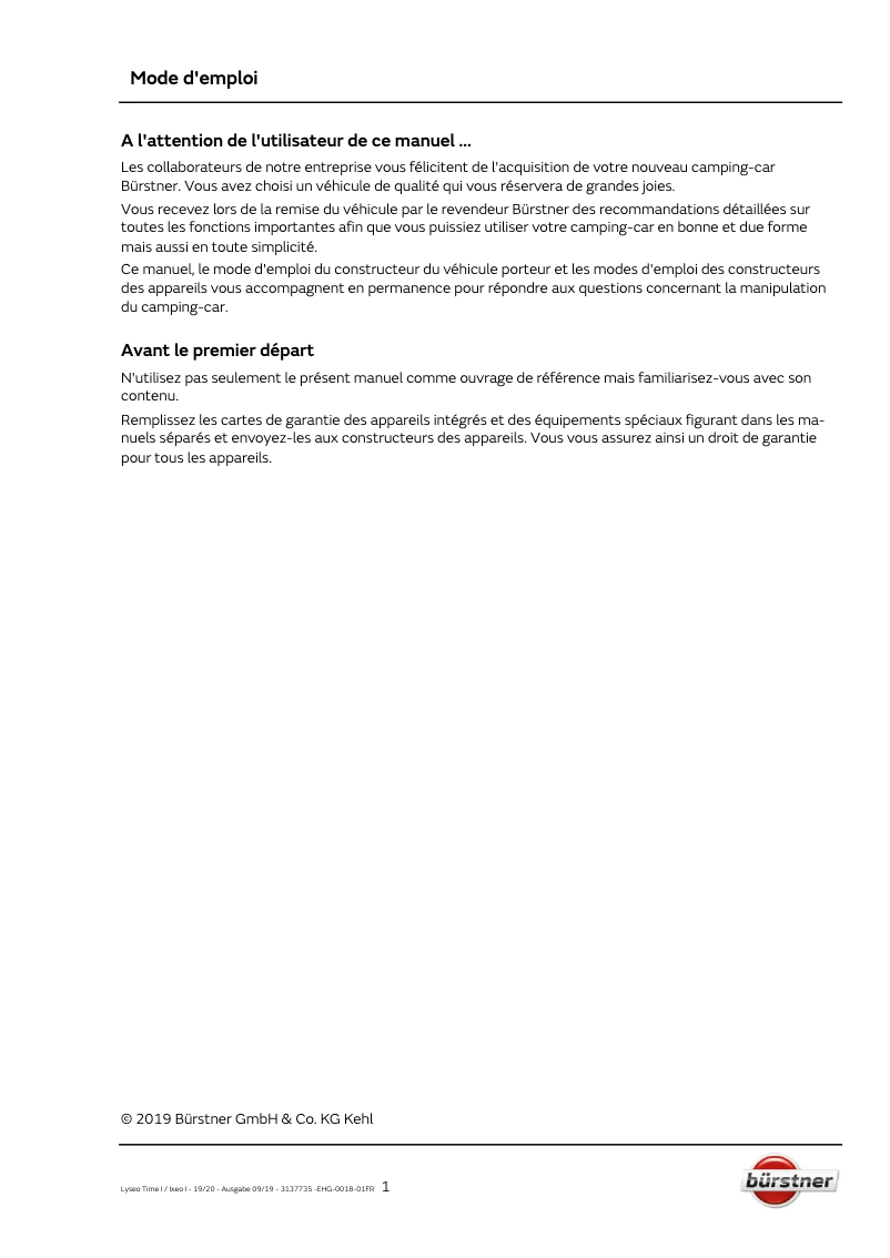 Page 1 de la notice Manuel utilisateur Bürstner Lyseo Time I Limited (2020)