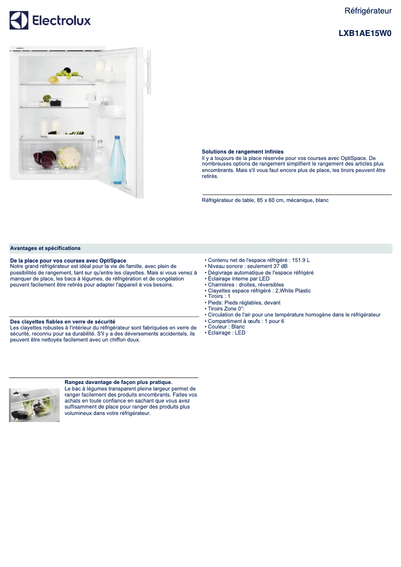 Page 1 de la notice Fiche technique Electrolux LXB1AE15W0