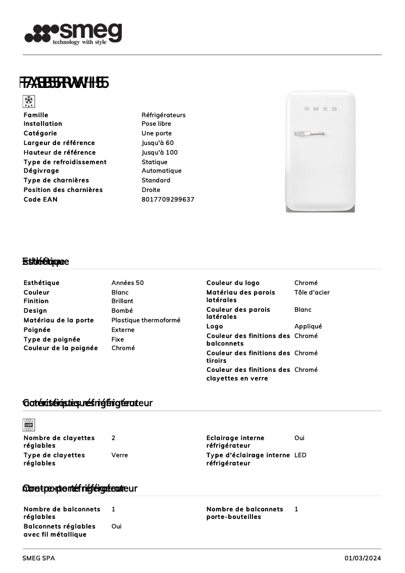 Page 1 de la notice Fiche technique Smeg FAB5RWH5