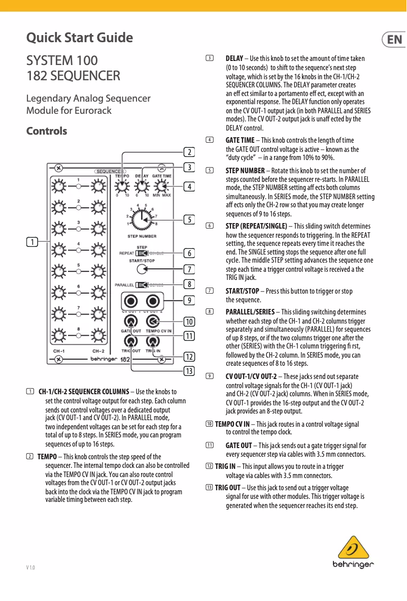 Page 1 de la notice Guide de démarrage rapide Behringer 182 Sequencer