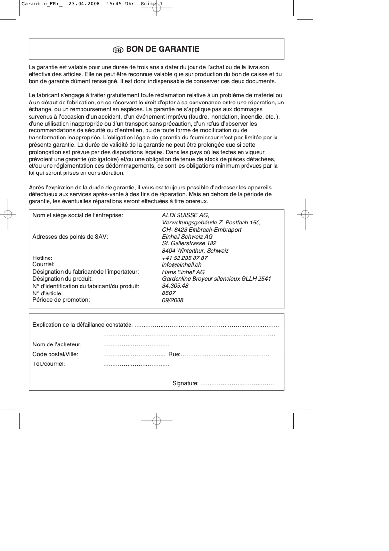 Image de la première page du manuel de l'appareil GLLH 2541
