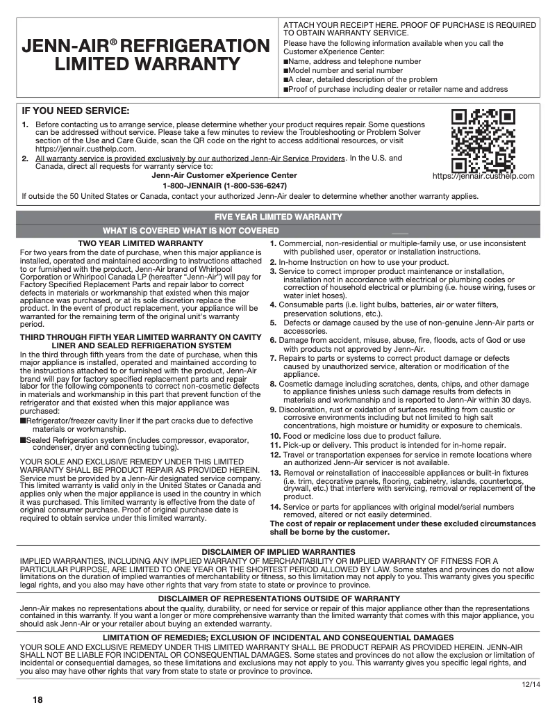 Page n°1 - Informations de garantie JennAir JUD24FCECX