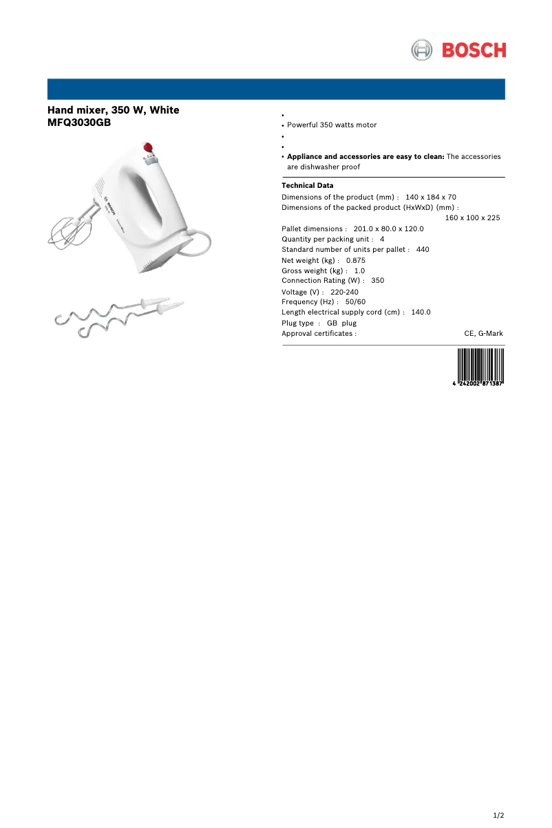Page 1 de la notice Fiche technique Bosch MFQ3030GB