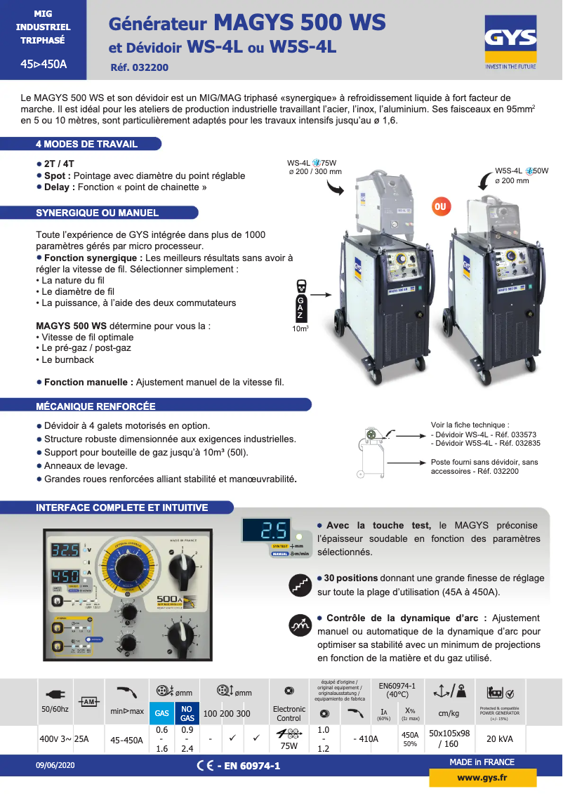 Page 1 de la notice Fiche technique GYS Magys 500 WS