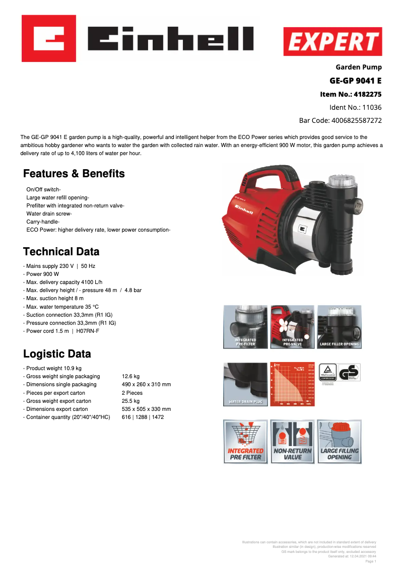 Page 1 de la notice Fiche technique Einhell GE-GP 9041 E