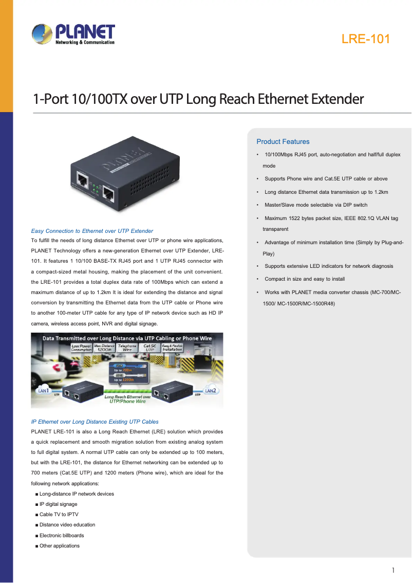 Page 1 of the manual Technical Sheet Planet LRE-101