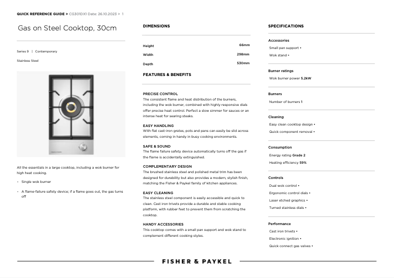 Page 1 de la notice Manuel utilisateur Fisher & Paykel JZT-CG301DX1