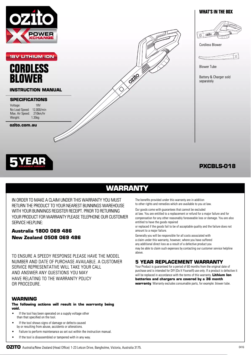 Page 1 de la notice Mode d'emploi Ozito PXCBLS-018
