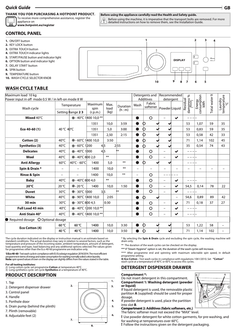 Page n°1 - Manuel utilisateur Hotpoint NSWM 1043C W UK N