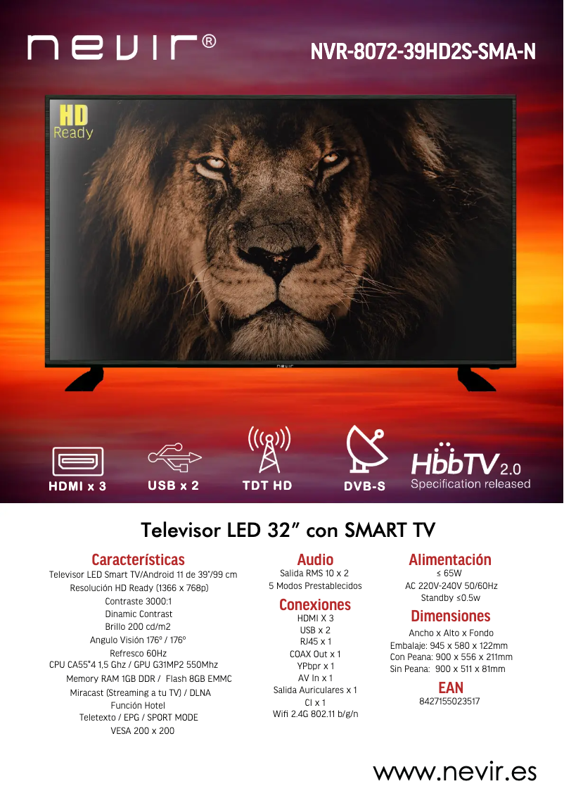 Page 1 de la notice Manuel utilisateur Nevir NVR-8072-39HD2S-SMA-N