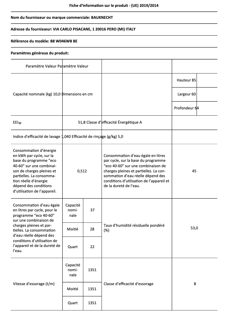 Page 1 de la notice Fiche technique Bauknecht B8 W046WB BE
