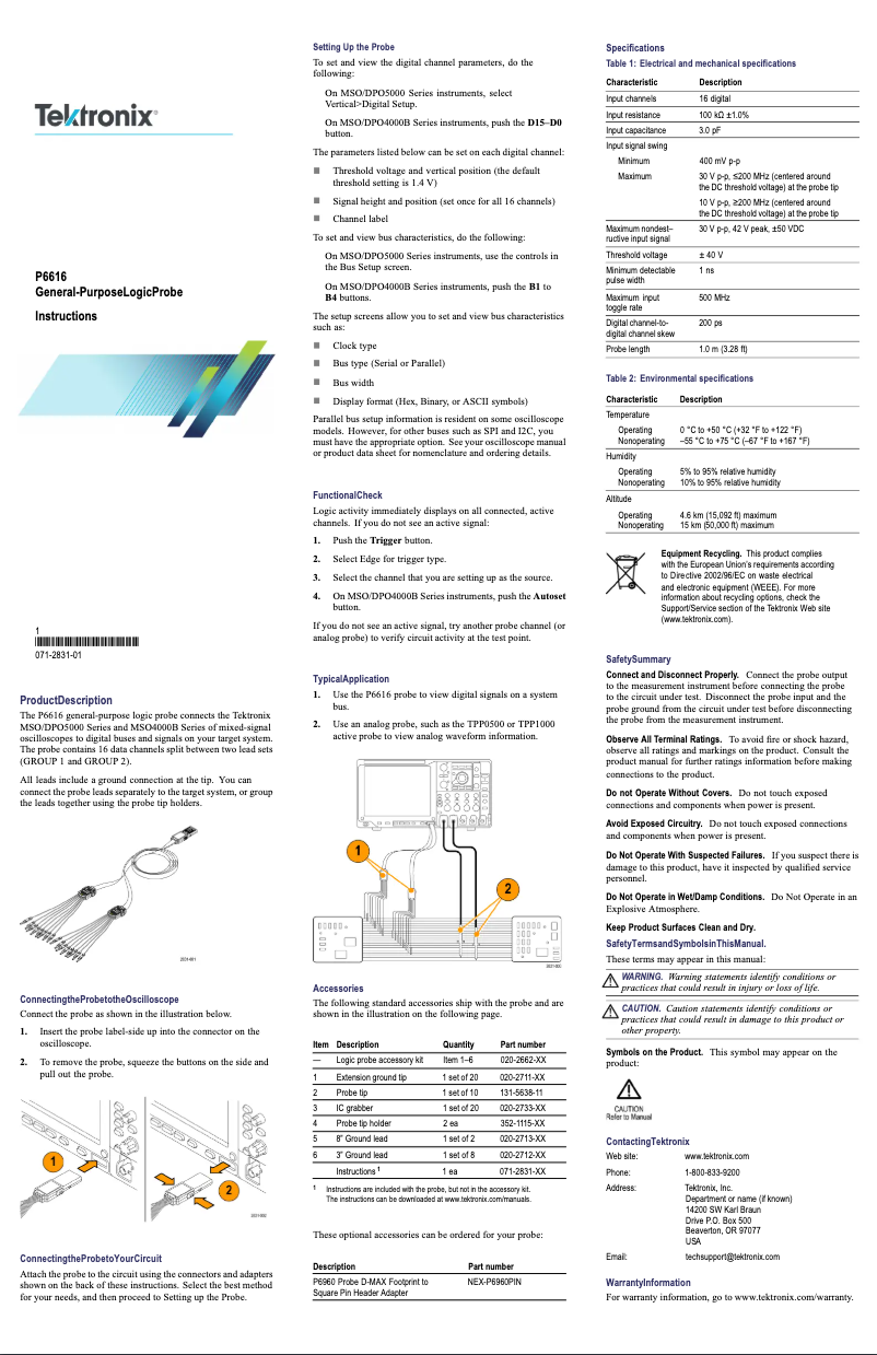 Page 1 de la notice Manuel utilisateur Tektronix P6616