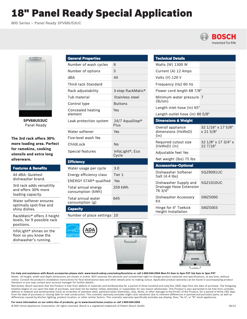 Page 1 de la notice Fiche technique Bosch SPV68U5