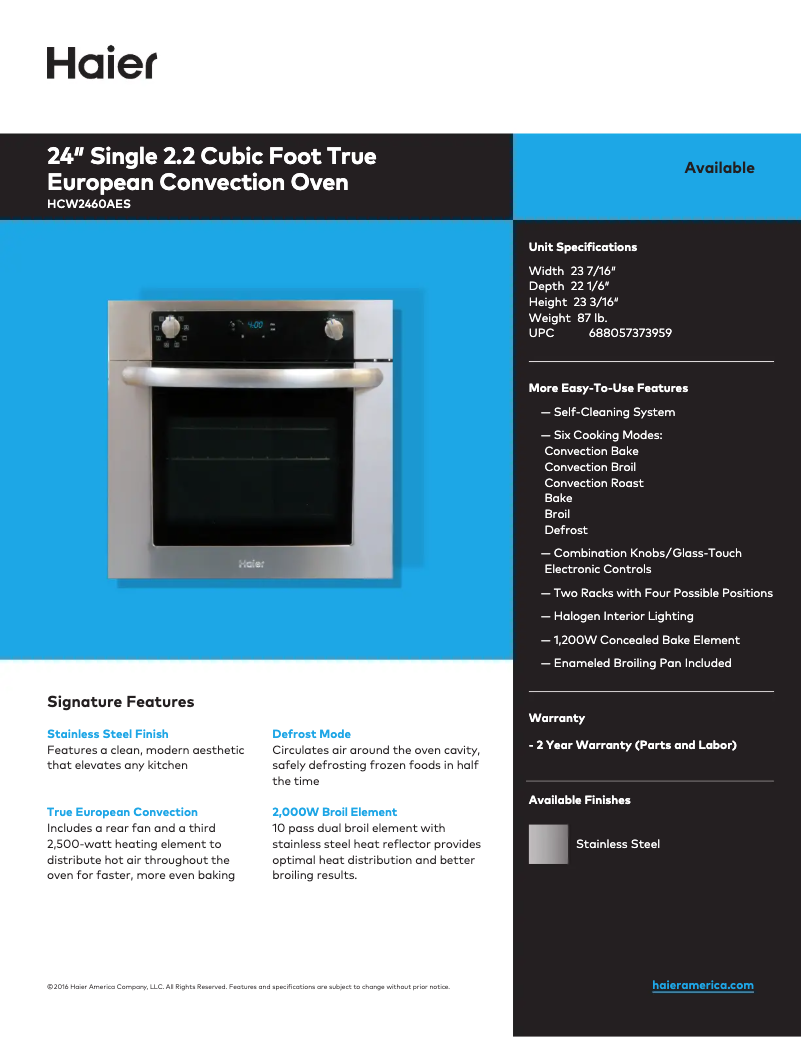 Page 1 de la notice Fiche technique Haier HCW2460AES