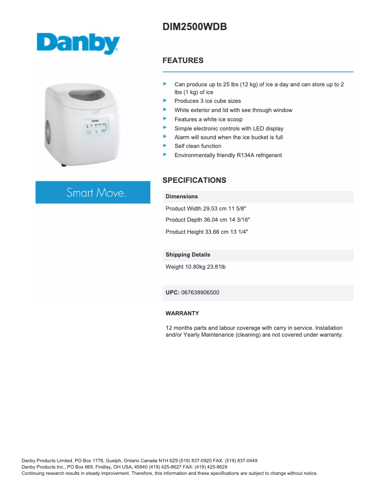 Page 1 de la notice Fiche technique Danby DIM2500