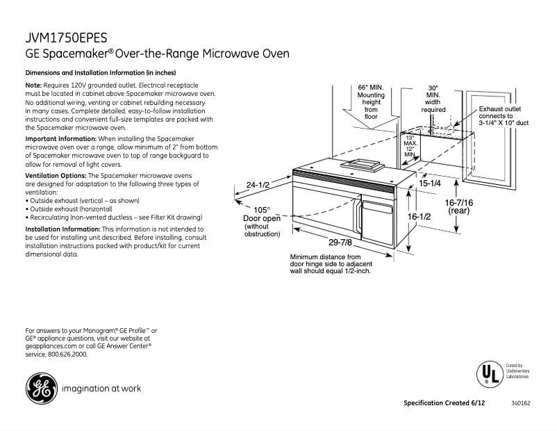 Page 1 de la notice Fiche technique GE JVM1750EPES
