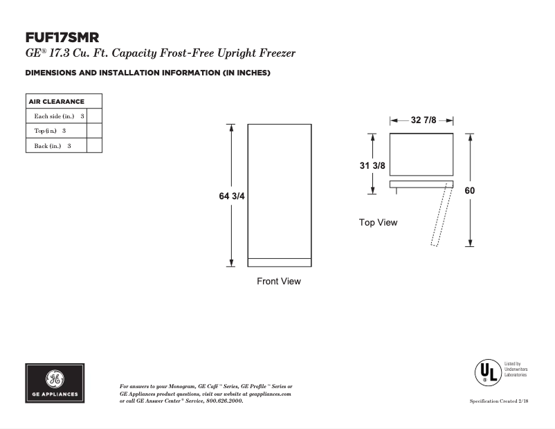 Page n°1 - Fiche technique GE FUF17SMRWW