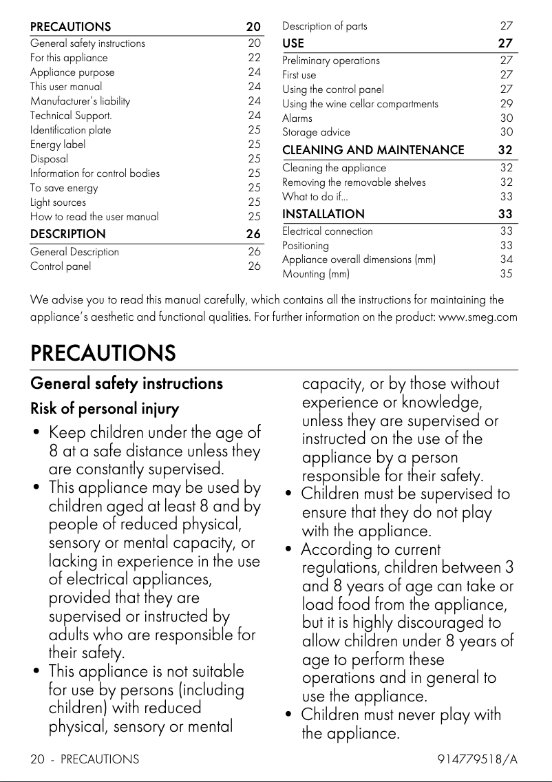 Page 1 de la notice Brochure Smeg CVI138LS3