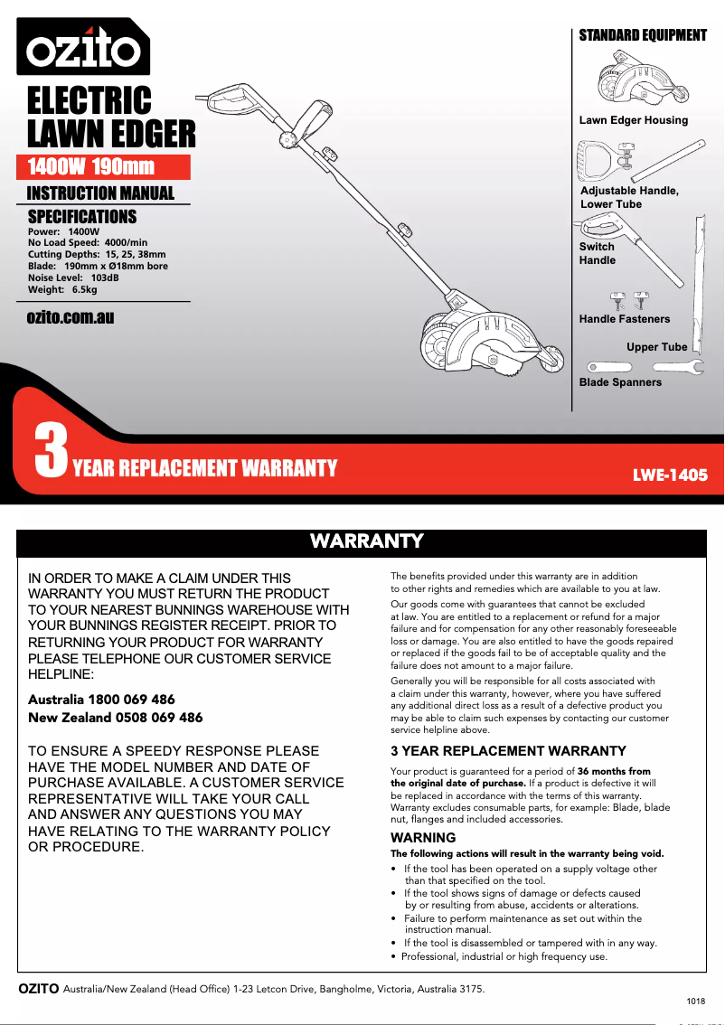 Page n°1 - Manuel utilisateur Ozito LWE-1405