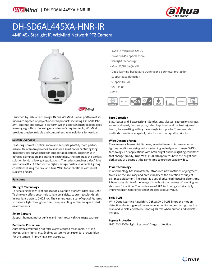 Page 1 de la notice Fiche technique Dahua Technology SD6AL445XA-HNR-IR