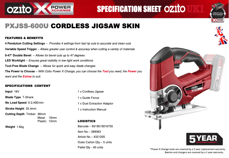Page 1 de la notice Fiche technique Ozito PXJSS-600U