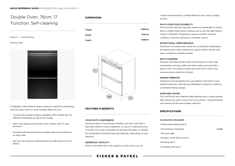 Page n°1 - Fiche technique Fisher & Paykel OB76DDPTDX2