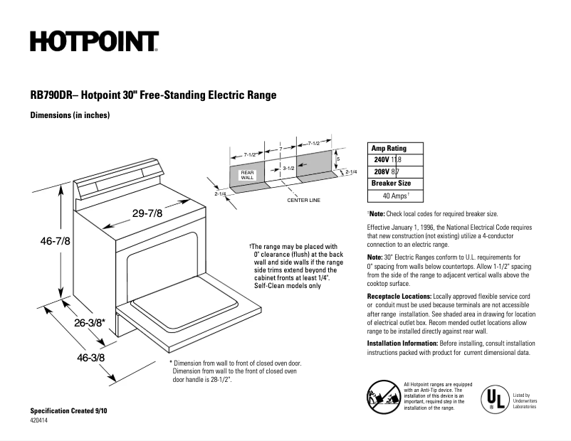 Page 1 de la notice Fiche technique Hotpoint RB790DRWW