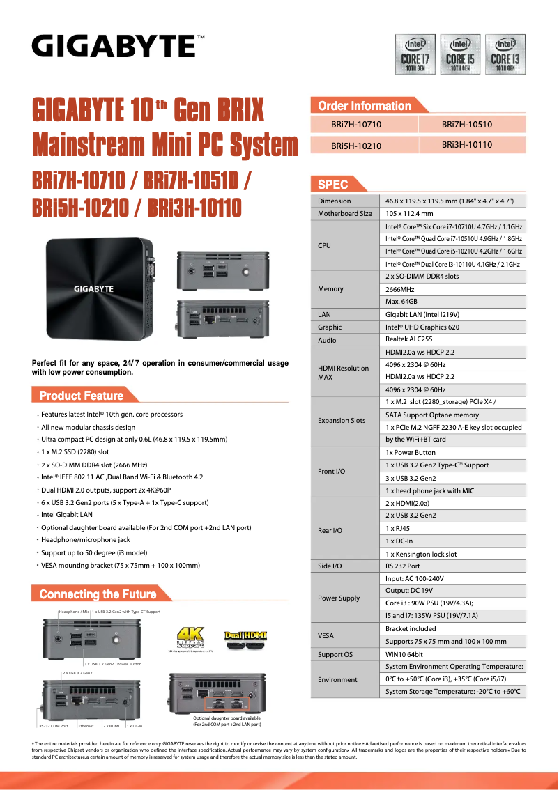 Page 1 de la notice Fiche technique Gigabyte GB-BRi7H-10510