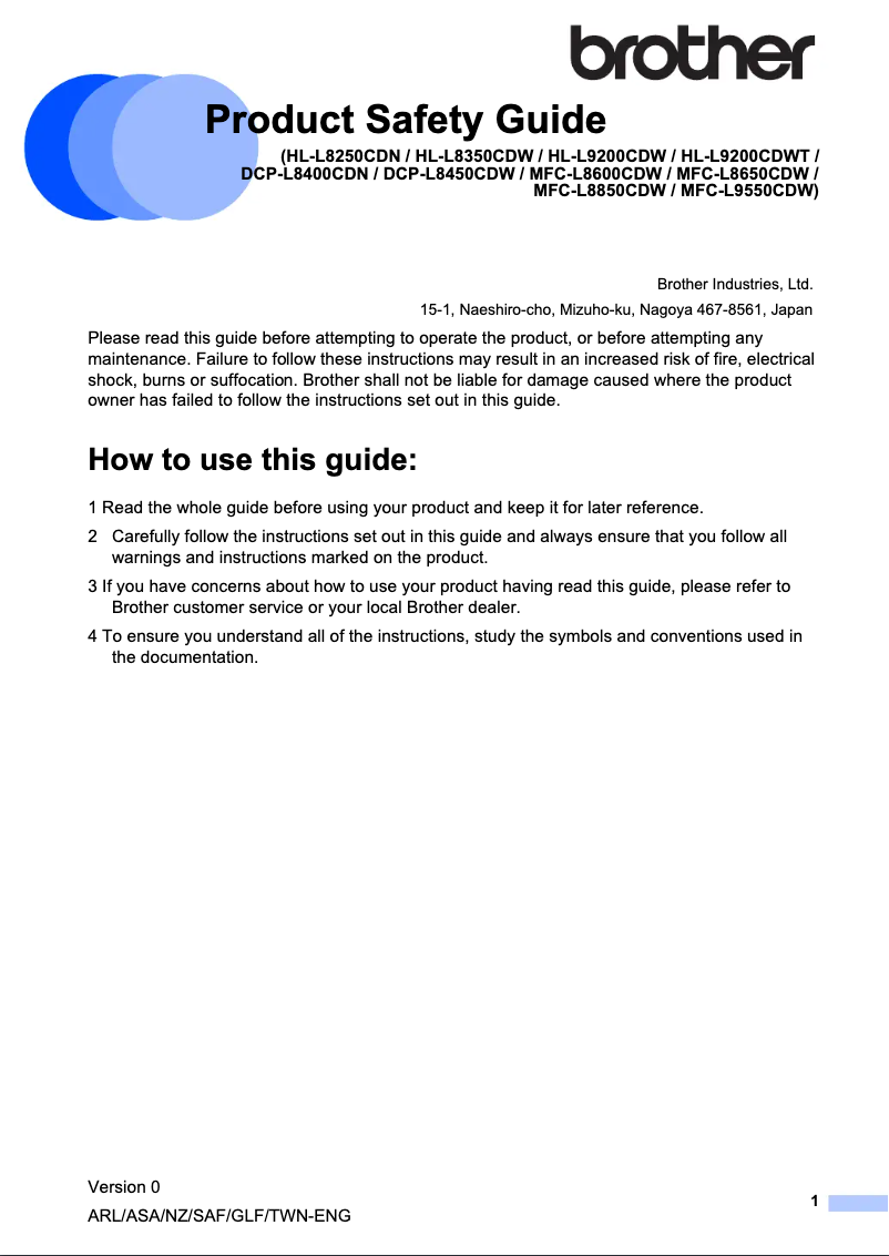 Page n°1 - Instructions de sécurité Brother MFC-L9550CDWT