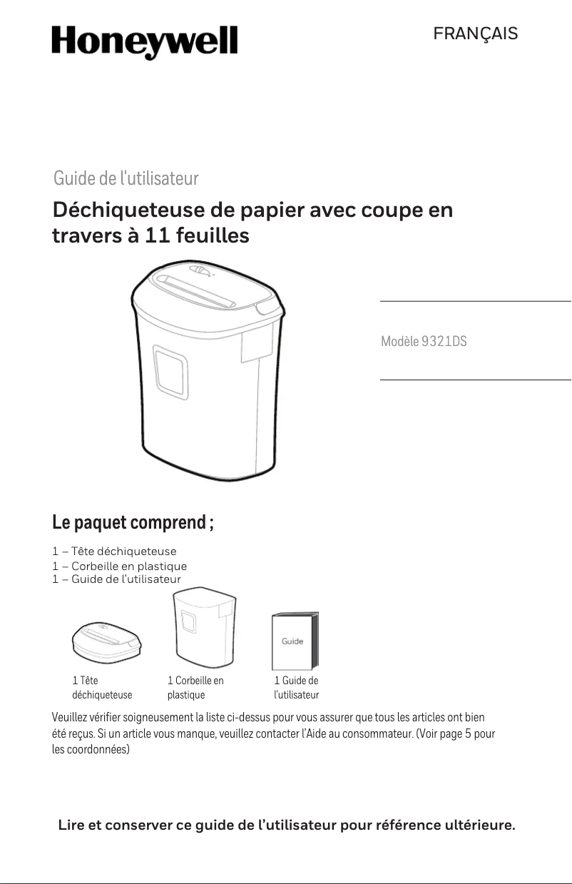 Page n°1 - Manuel utilisateur Honeywell 9321DS