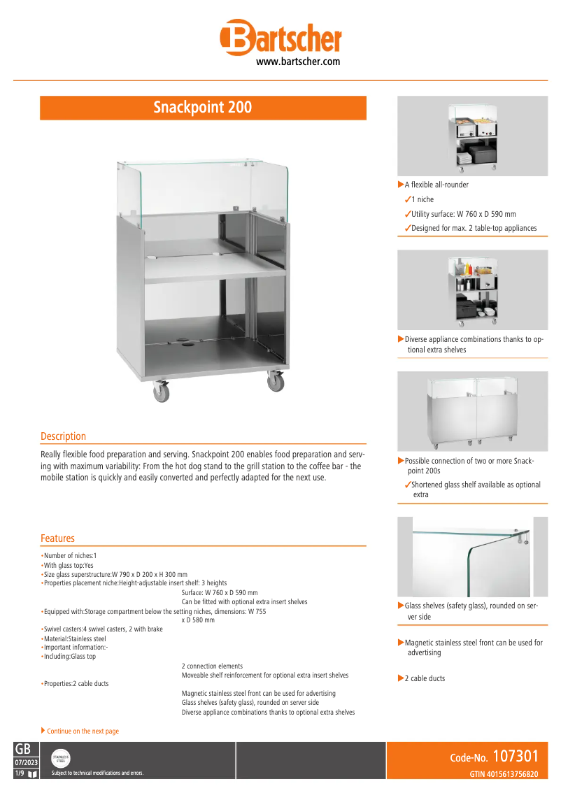 Page 1 de la notice Fiche technique Bartscher Snackpoint 200