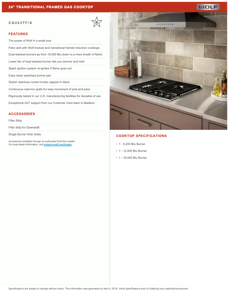 Page 1 de la notice Fiche technique Wolf CG243TF/S