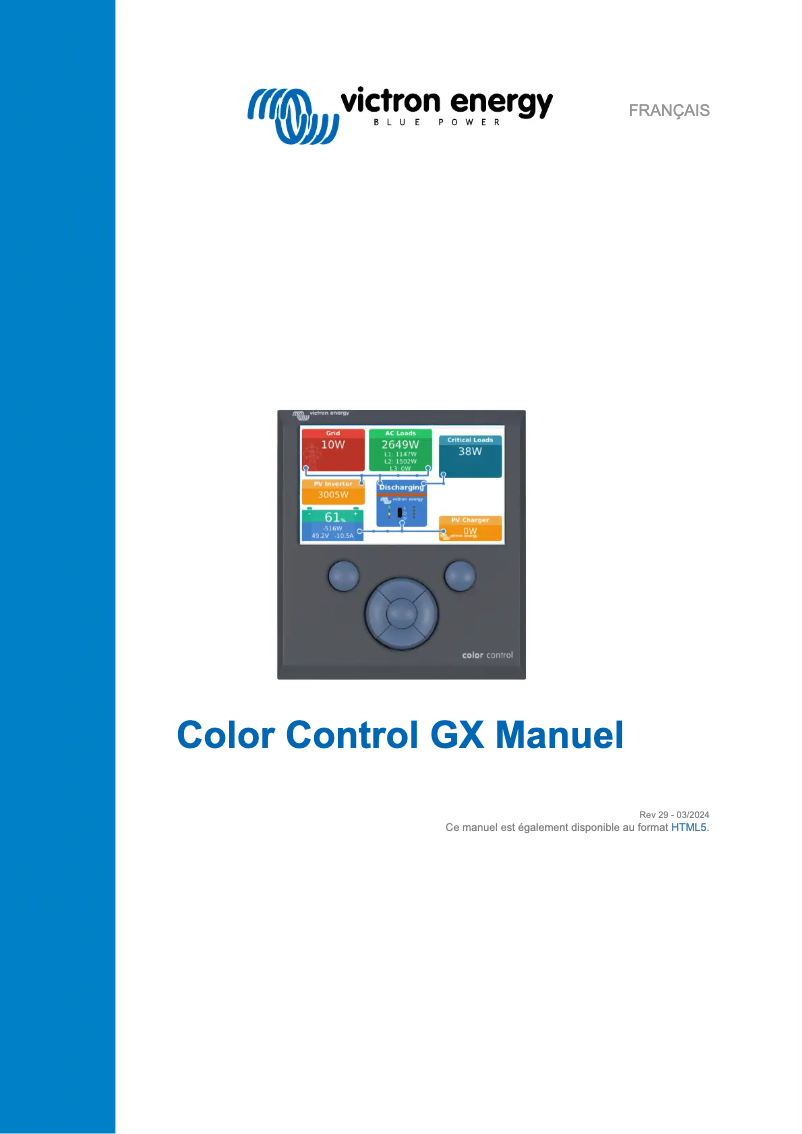 Image de la première page du manuel de l'appareil Color Control GX