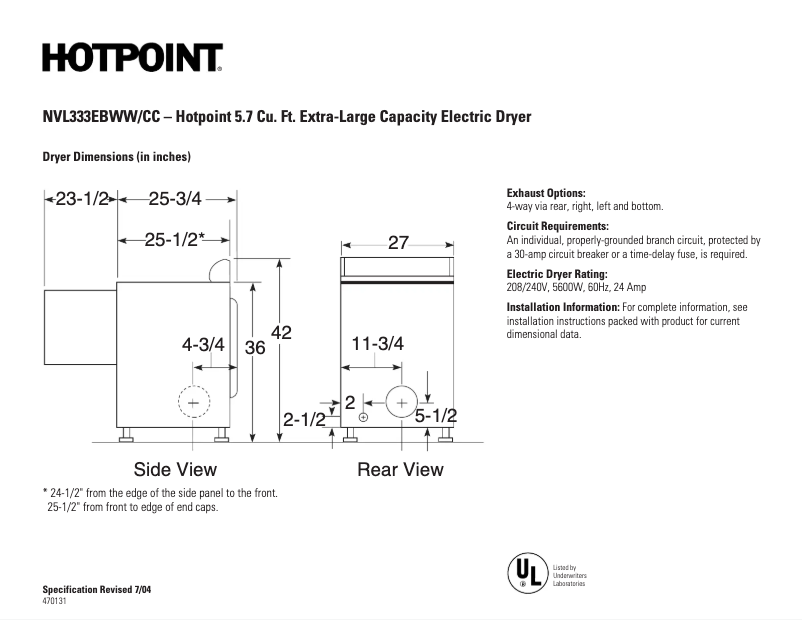Página 1 del manual Ficha técnica Hotpoint NVL333EBWW