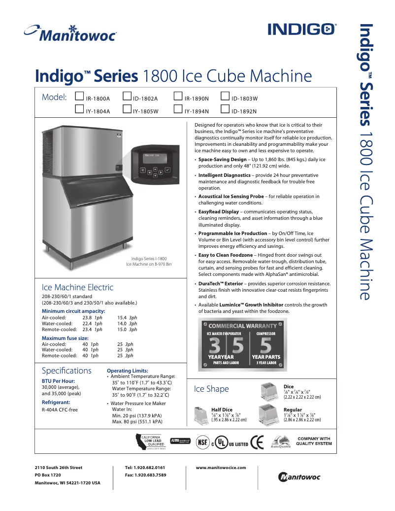 Page 1 de la notice Fiche technique Manitowoc IY-1804A
