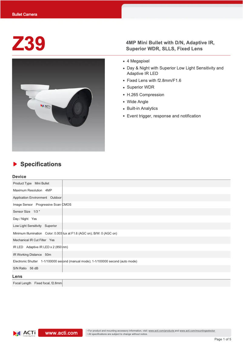 Page 1 de la notice Fiche technique ACTi Z39