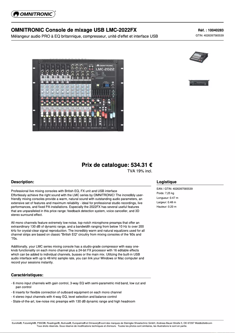 Page 1 de la notice Fiche technique Omnitronic LMC-2022FX