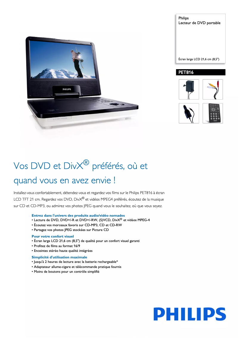 Page 1 de la notice Fiche technique Philips PET816