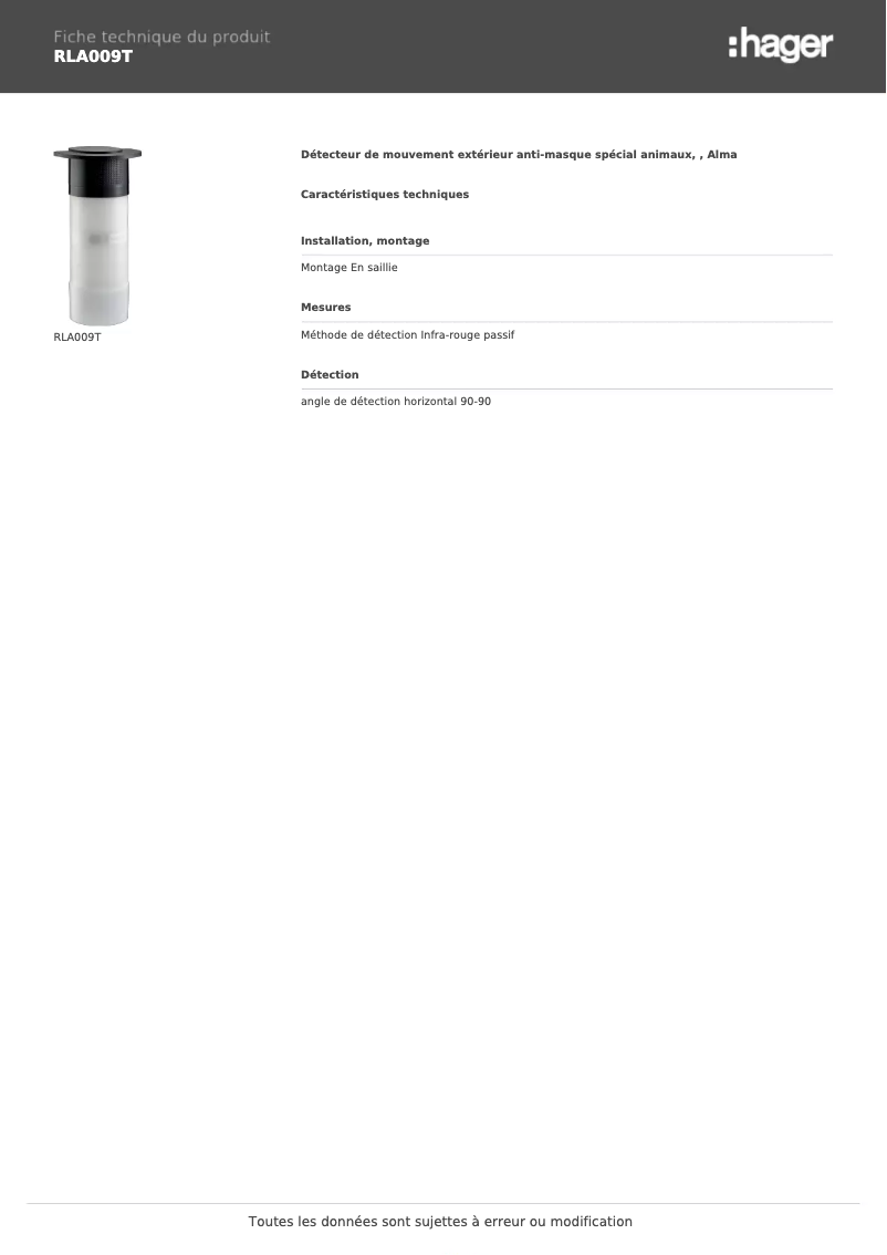 Page n°1 - Fiche technique Hager RLA009T