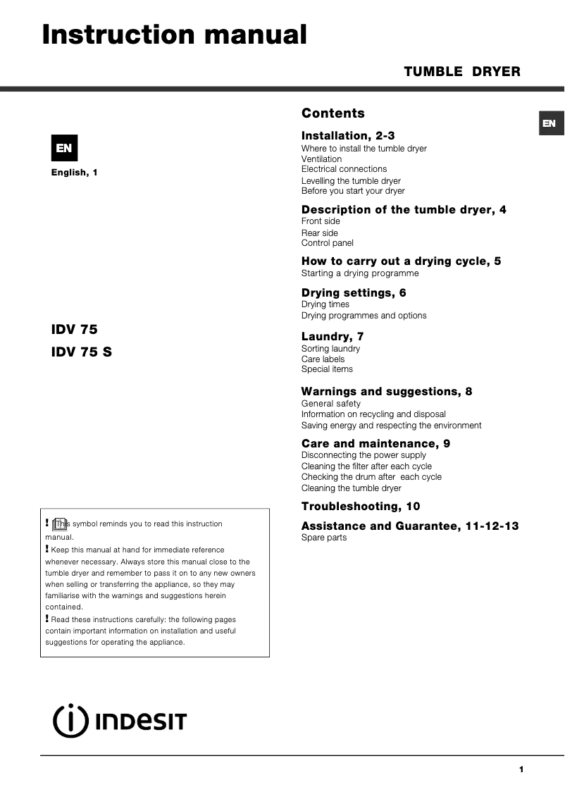 Image de la première page du manuel de l'appareil IDV 75 (UK)