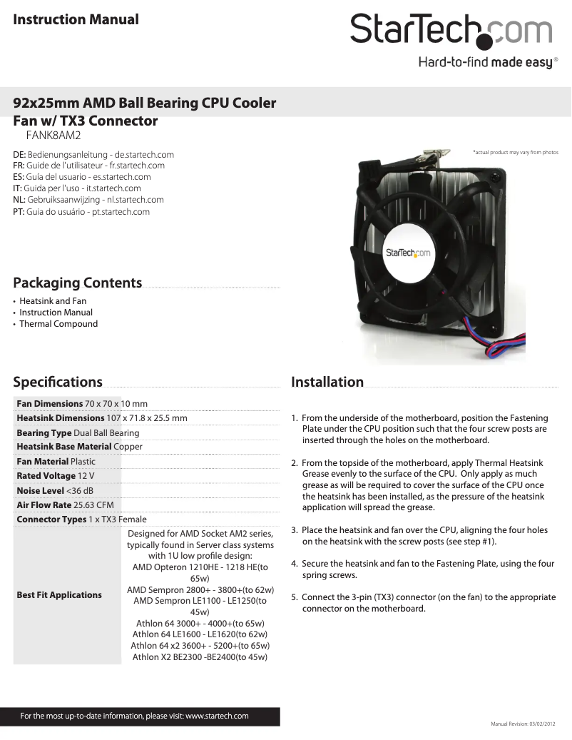 Page 1 de la notice Manuel utilisateur StarTech.com FANK8AM2