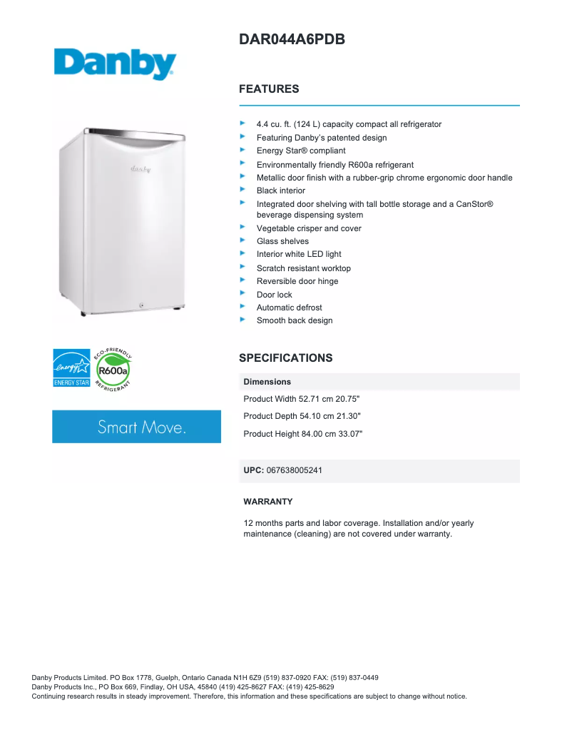Página 1 del manual Ficha técnica Danby DAR044A6