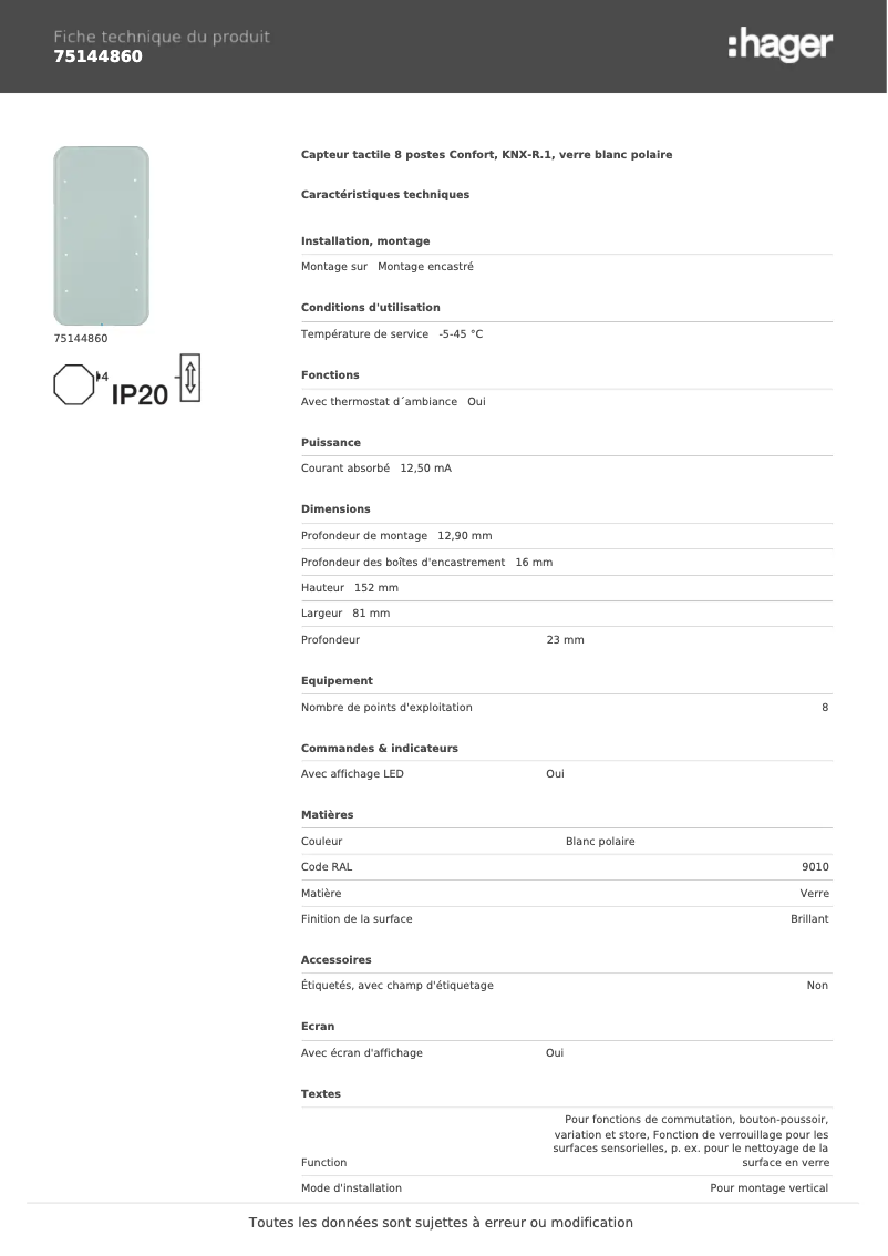 Page n°1 - Fiche technique Hager 75144860